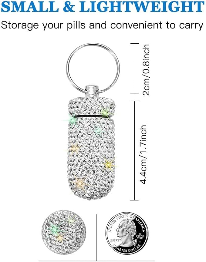 Portable Pill Case Pill Container Waterproof Pill Holder with Keychain Bling Pill Box Medicine Dispenser Bottle Storage for Outdoor Camping Travel (White)