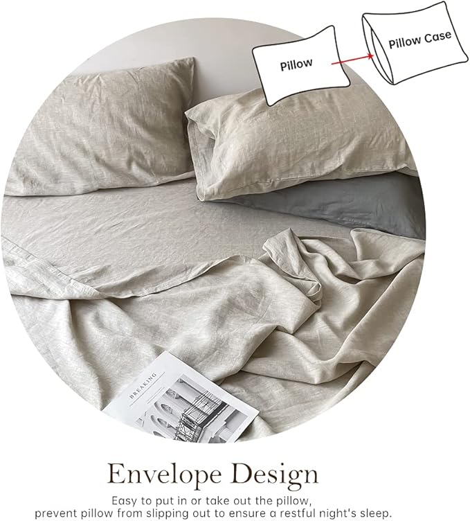Simple&Opulence Washed Linen Bed Sheet Set Basic Style 4 Pieces (1 Flat Sheet & 1 Fitted Sheet & 2 Pillowcases) 100% Natural Linen Soft Breathable Farmhouse Bedding (Queen, Linen)
