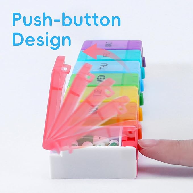 Weekly Pill Organizer, 7 Day Medicine Box with Push Button Design, BPA Free Travel Pill Box Case with Spring Open Design and Large Capacity for Vitamins and Supplements, Rainbow Colors
