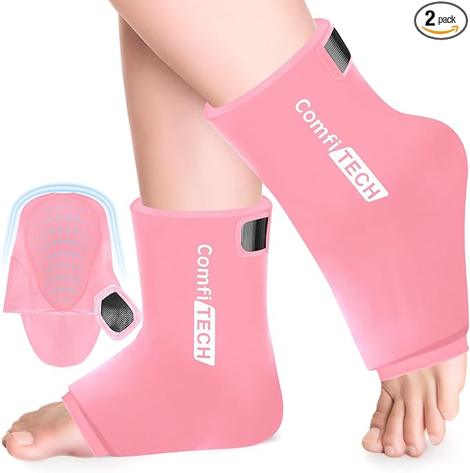 Comfitech Ankle Ice Pack Wrap Sleeve with Large Opening, Reusable Gel Cold Pad for Foot and Heel, X-Large, 2 Packs, Pink
