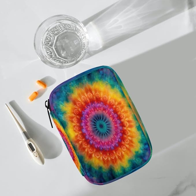 Rainbow Mandala Boho Pill Case Everyday Travel, 7 Day Weekly Medicine Pill Box Compact Portable Pills Bottle Organizer with Zipper for Daily Vitamin Medicine Holder Bottle Organizers Bag