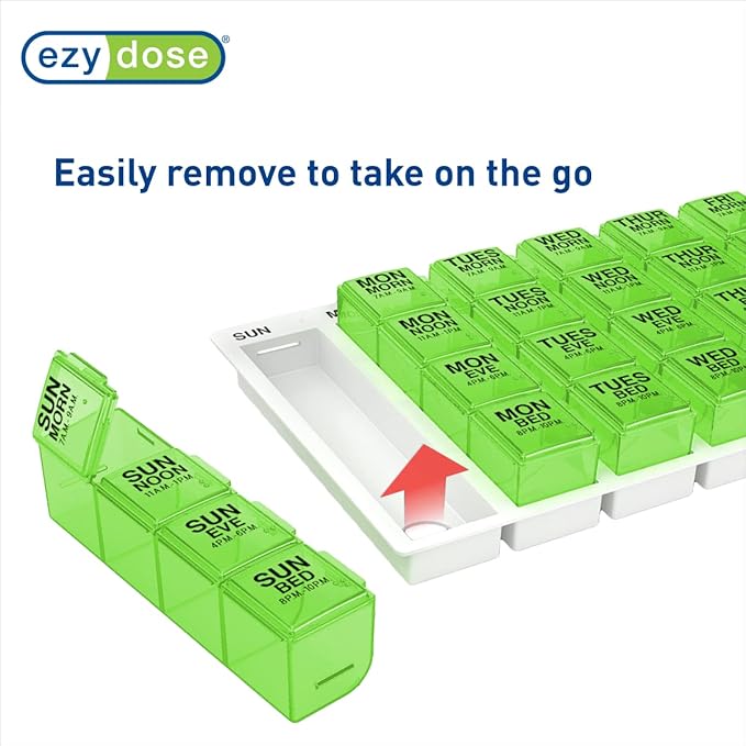 Ezy Dose Weekly (7-Day) Pill Organizer, Vitamin and Medicine Box, Large Pop-Out Compartments, 4 Times a Day, Green (Pack of 2)