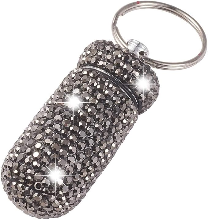 XhuangTech Waterproof Keychain Pill Box Bling Round Medicine Organizer Holder Container Aluminum Portable Mini Bottle Storage Case for Outdoor Travel Camping Purse Pocket (Bright Black)