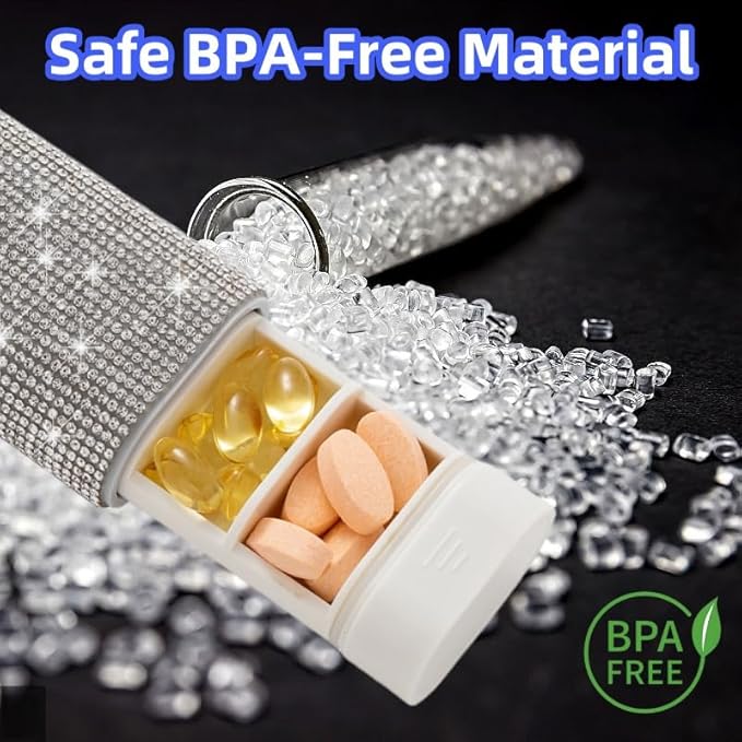 Pill Case for Purse Bling 7-Day Pill Organizer Weekly Compact Medicine Containers Travel Medication Box Holder for Traveling Women(White)