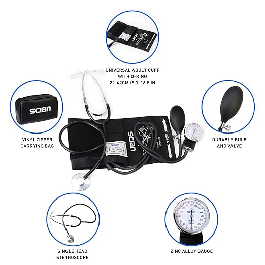 Scian Manual Blood Pressure Cuff with Stethoscope – Aneroid Sphygmomanometer with D-Ring Adult Cuff 8.7”-16.5” in Carrying Bag for Nurses Doctors Senior Home Use (Black)