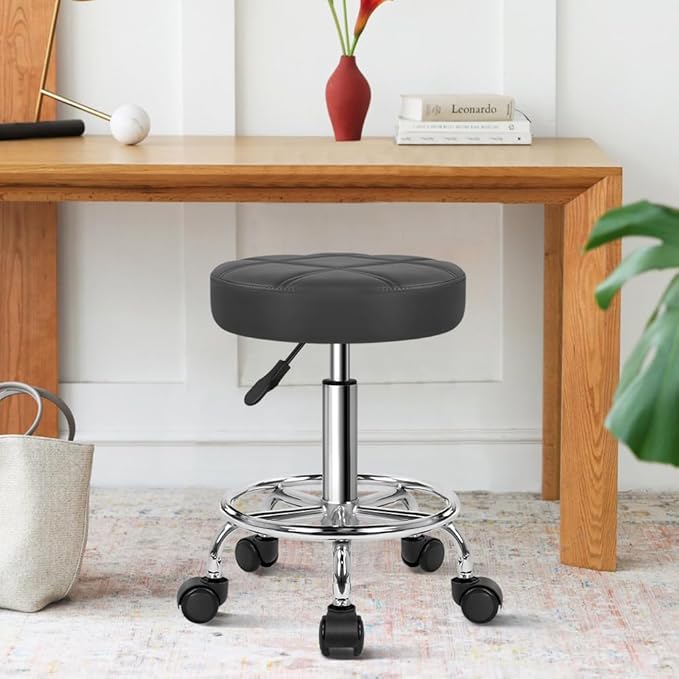 Round Rolling Stool with Footrest PU Leather Height Adjustable 360° Swivel Stool with Wheels Office Chair Home Drafting Work Studio Shop SPA Salon Small (Grey)