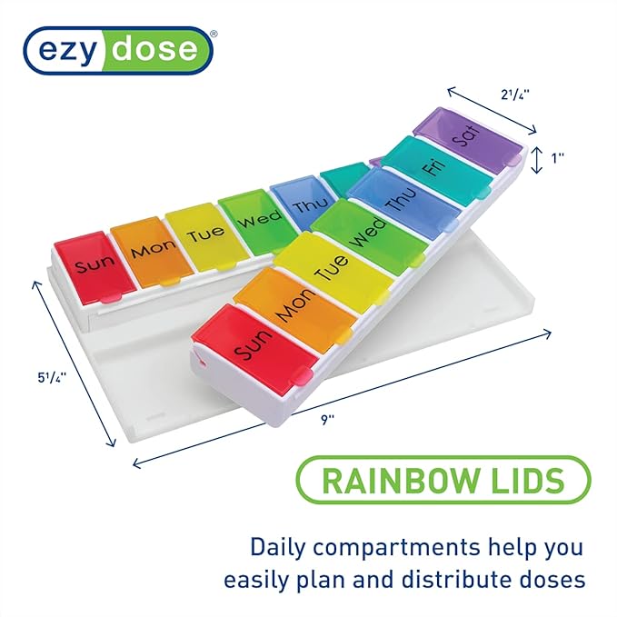 EZY DOSE Ezy Fill (14-Day) Pill Organizer, Weekly Removable Trays with Flip-Open Daily Compartments for Easy Refill, 2 Times a Day Medicine Planner, Vitamin Organizer Box, Rainbow, BPA Free