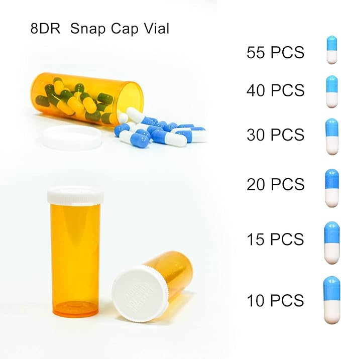 Medicine Bottles Snap Cap Prescription Vials, Easy Open Pill Organizers, Amber Empty with Plastic Caps (8 dram, 12pcs)