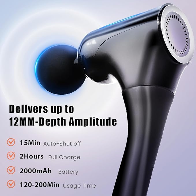 Extended Handle Massage Gun - 12mm Deep Tissue Percussion Massager for Back Pain Relief, Stepless Speed Control, Long Reach Back Massager with Anti-Slip Grip for Seniors & Athletes