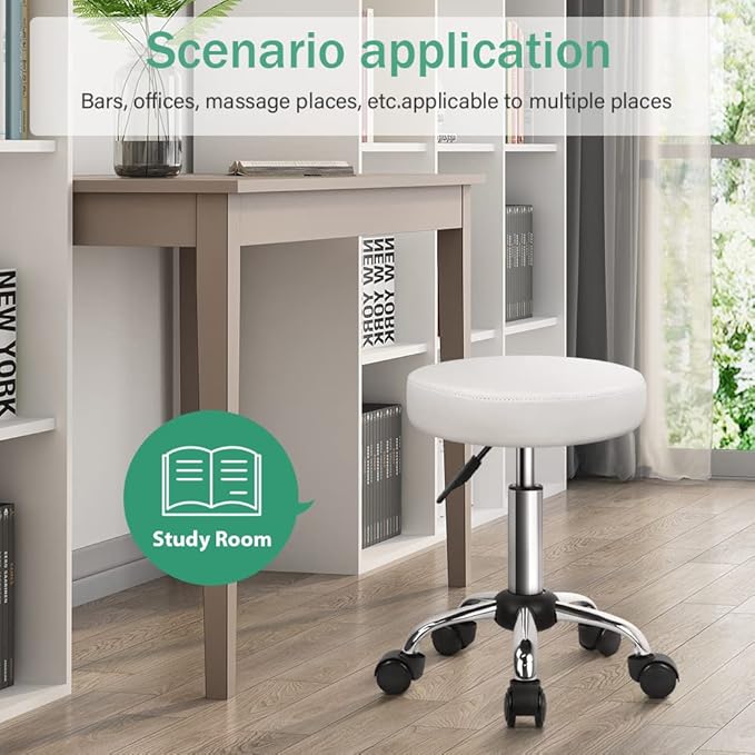 FURWOO Adjustable Salon Chair Small Rolling Stool with Wheels for Spa Salon Massage Home Office White