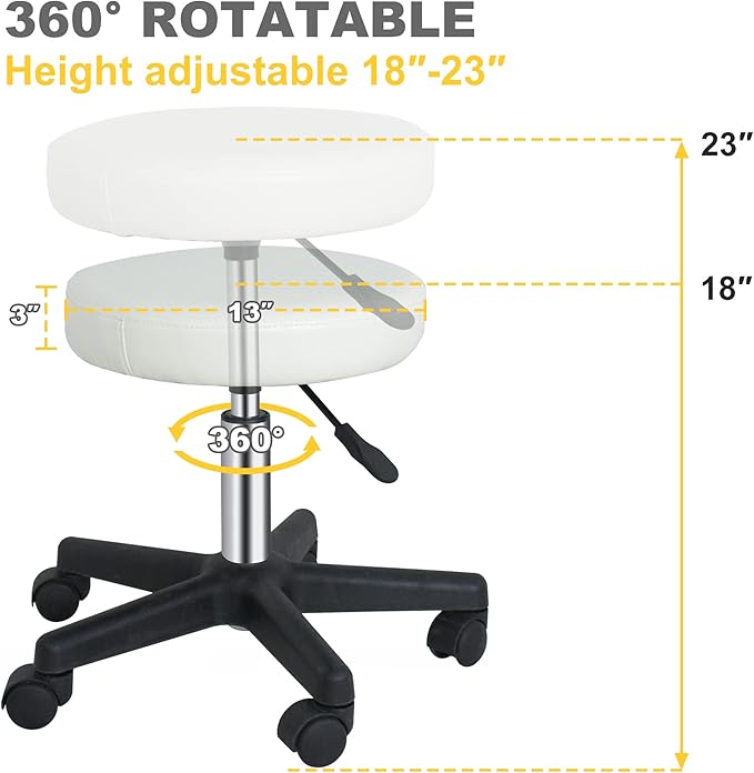 ZENY Adjustable Swivel Rolling Stool Chair with Wheels for Home Office Beauty Salon Spa Medical Tattoo Drafting, White