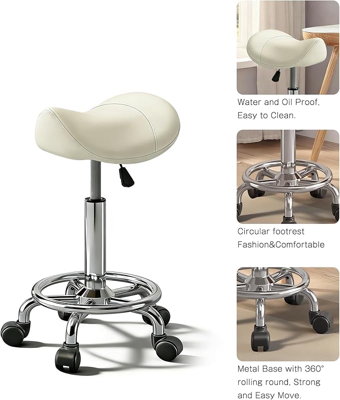 Saddle Stool with Ring Pedal, Adjustable Hydraulic Rolling Chair with Wheels for Medical, Massage, Salon, Spa, Kitchen, and Drafting Use