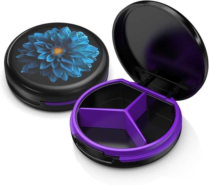 Serfeymi Small Pill Case for Purse, Unique Artistic Patterns Travel Pill Box with 3 Compartments, Portable Mini Pill Organizer for Pocket, Decorative Pill Container for Purse - Black(Dahlia)