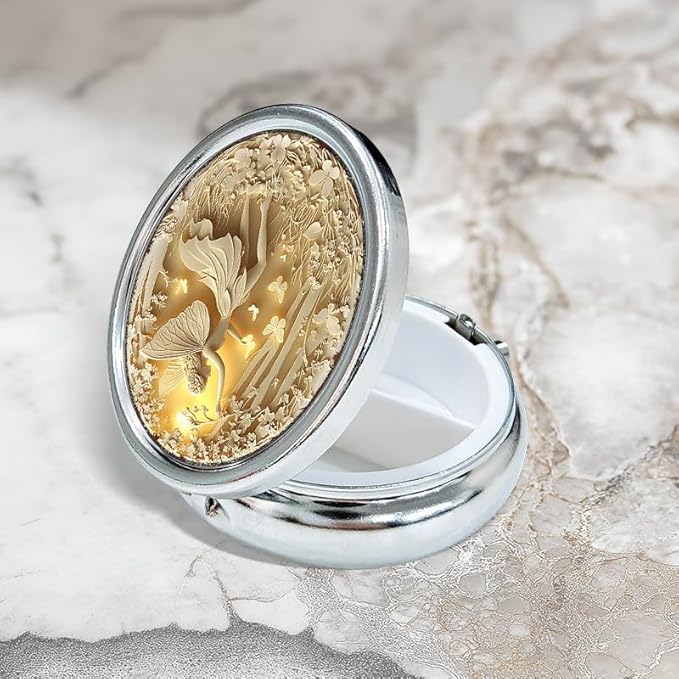 Portable Round 3 Compartment Metal Pill Box Enchanted Fairy & Butterflies Ideal for Kitchen Office Travel or Personal Use