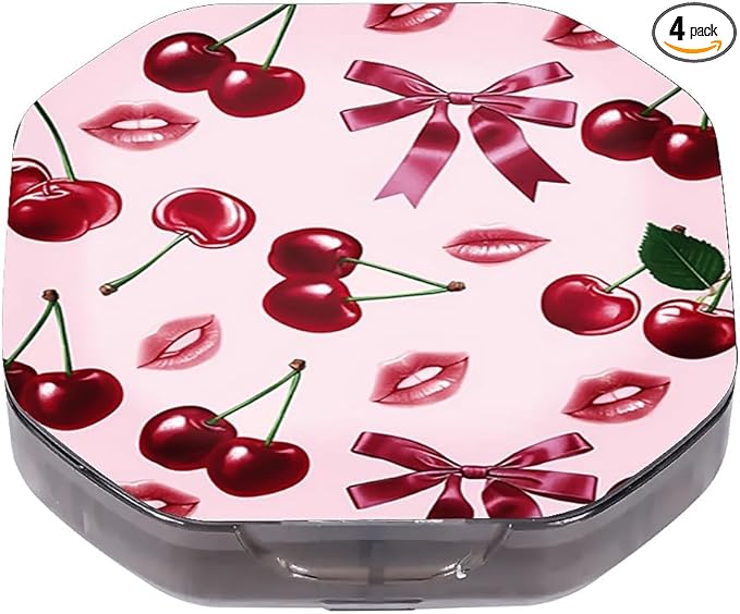 This Portable Pink Cherry Lip Print Pattern 4-Compartment Pillbox Can Be Placed in A Pocket Or Wallet to Store Vitamins, Medicines Fish Oil Health Supplements Other Medications.