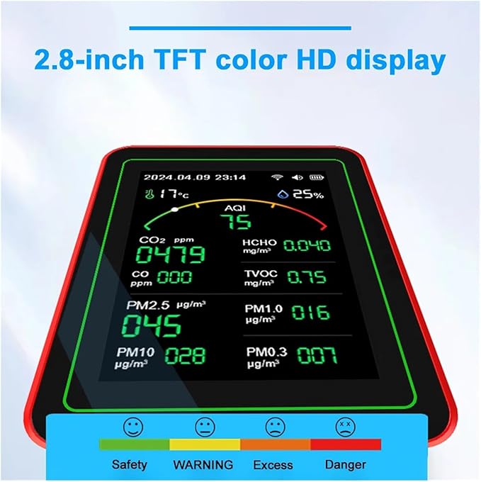 Tuya WiFi 15 in 1 Indoor Air Quality Monitor TFT Display Portable AQI PM0.3 PM1.0 PM2.5 PM10 Tester Temperature Humidity Meter(Black)