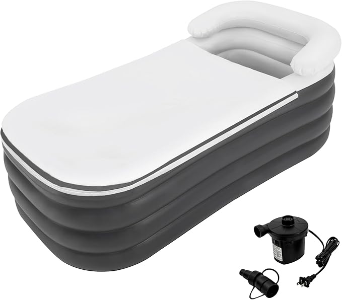 Inflatable Bathtub Adults, Portable Ice Bath Tub for Athletes, Outdoor & Indoor Freestanding Foldable Bathtub with Electric Air Pump and Cup Holder (Gray)