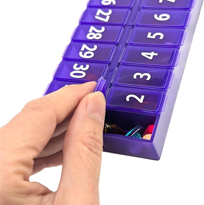 Once-a Day Monthly Pill Organizer Removable Lid for Easy Loading - Large Compartment Pill Box Medications for Entire Month Plus a Compartment for Extra Pills BPA Free