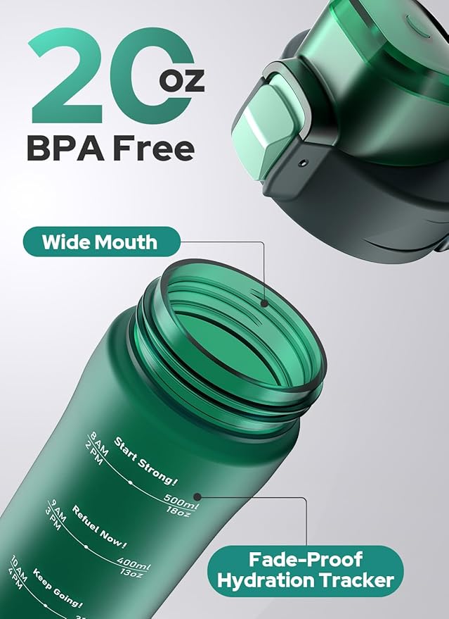 Opard 20oz Plastic Water Bottle Dishwasher Safe, Leakproof Flip-Top Lid, BPA Free Tritan, Wide Mouth Reusable Kids Water Bottle for School Hiking Commuting Outdoor Travel and Gym(Forest Green)