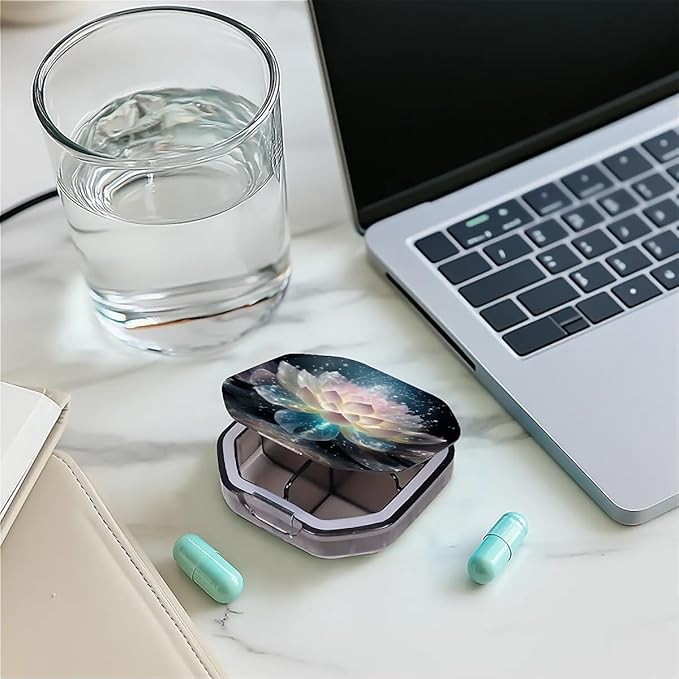 This Portable Crystal Lotus Flower Pattern 4 Compartment Pill Box Can Be Placed in A Pocket Or Wallet to Store Vitamins, Medicines Health Supplements Other Medications.