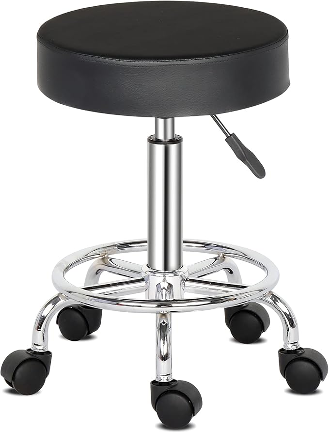 Round Rolling Bar Stool PU Leather with Wheels and Foot Rest, Height Adjustable Task Work Drafting Chair with Back for Salon Spa Tattoo Facial Medical Office Chairs (Black1)