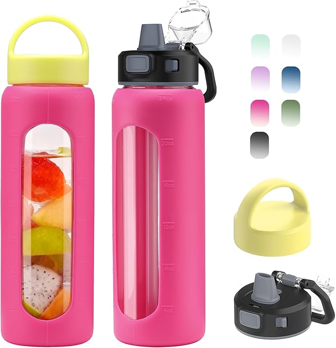 Kodrine 24oz Glass Water Bottle With Straw-2 lids-Reusable Daily Water Intake Glass Bottle with Measurements,Silicone Sleeve, Time Marker, Cupholder Friendly for Home,Gym,Sports-Rose Red