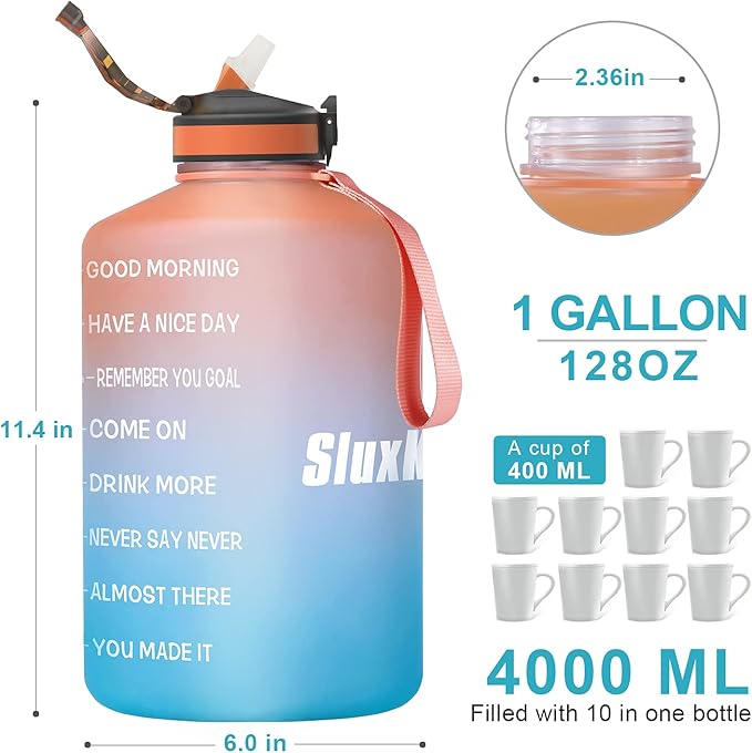 1 Gallon Motivational Sports Water Bottle with Time Marker, BPA Free 128oz Leak Proof Jug, Black, Plastic, 128 ounces, Fitness, Sports, Outdoor Activities