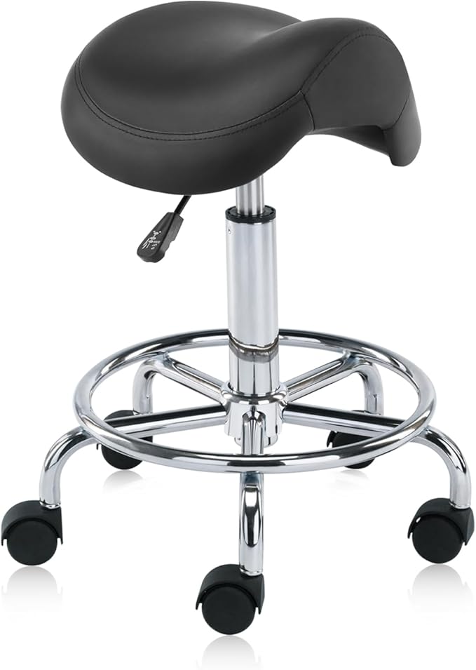 Haku 506 Series Ergonomic Saddle Stool, Adjustable Pneumatic Swivel Rolling Stool with Wheels for Salon, Medical, Spa, Tattoo, Home and Office, with Footrest, Black