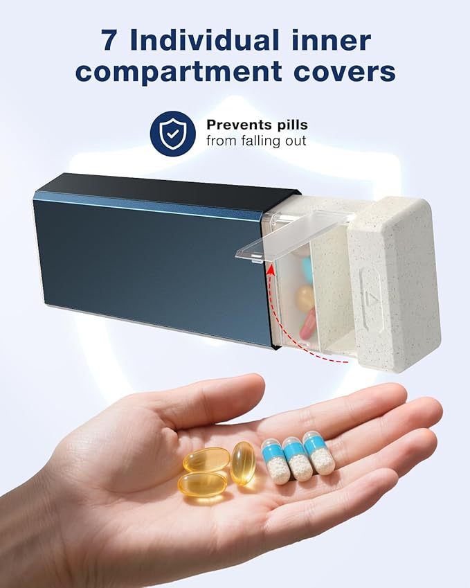 HEIYING Pill Organizer with Aluminum Shell for One Week Capacity, Portable 7 Compartments Pill Box Container to Hold Vitamin, Medicine, Supplements