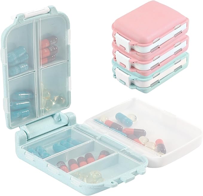 4Pcs Pill Organizer,8 Compartments Portable Pill Box,Travel Pill Box,Three Folding Design Daily Pill Organizer for Pocket Purse Medicine Vitamin Holder Container(Pink,blue)