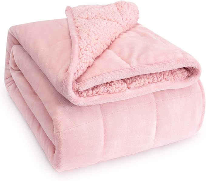 Wemore Sherpa Fleece Weighted Blanket for Adult, 15 lbs Dual Sided Cozy Fluffy Heavy Blanket, Ultra Fuzzy Throw Blanket with Soft Plush Flannel Top, 60 x 80 inches Pink on Both Sides