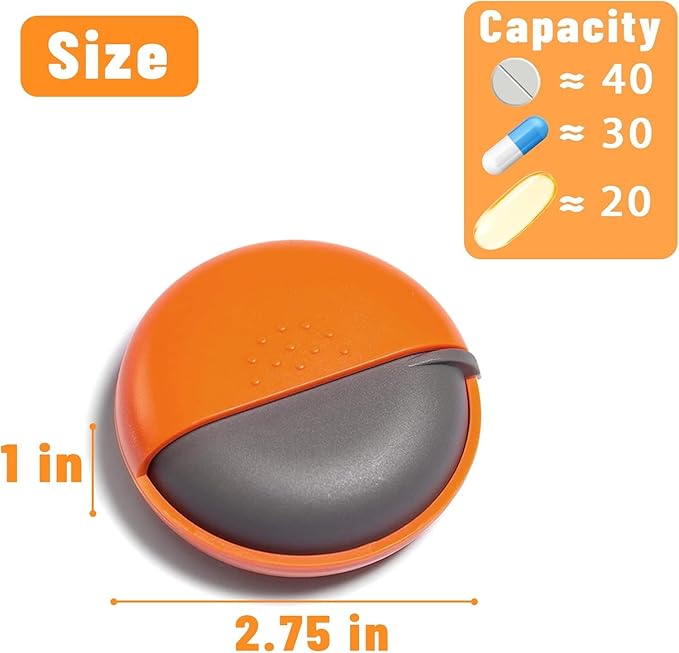 INVODA Travel Pill Organizer Cute Round Pill Box for Purse Compact Medicine Container for Pills, Fish Oil, Vitamins & Supplements (Orange Box)