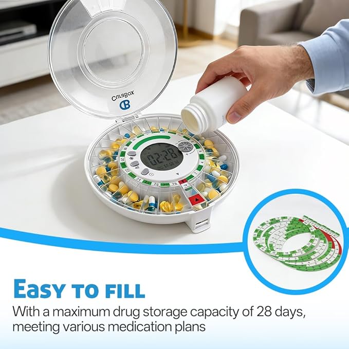 Automatic Pill Dispenser for Elderly - 28 Day Medicine Dispenser for Alzheimer's Care, Timed Medication Dispenser with Sound & Light Alerts & Key for Prescriptions, Vitamins & Supplements