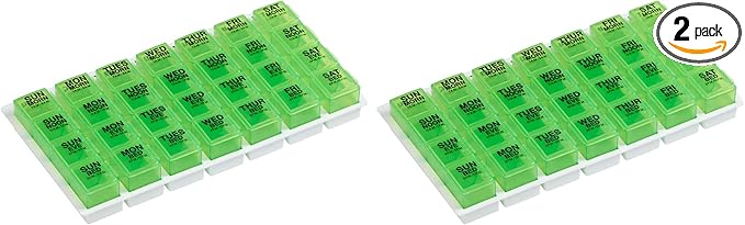 Ezy Dose Weekly (7-Day) Pill Organizer, Vitamin and Medicine Box, Large Pop-Out Compartments, 4 Times a Day, Green (Pack of 2)