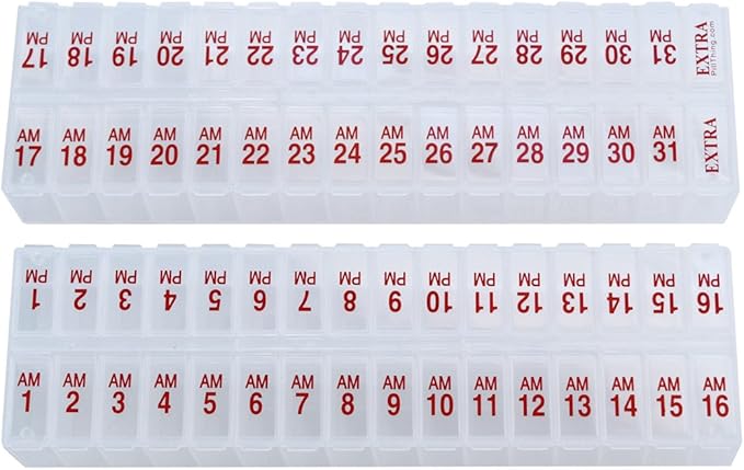 Twice-a-Day Monthly Large Pill Organizer Set - AM and PM Medication Organizer for the Entire Month. Set Contains 2 Organizers for 1 Month. (New STAY-TIGHT Lids)