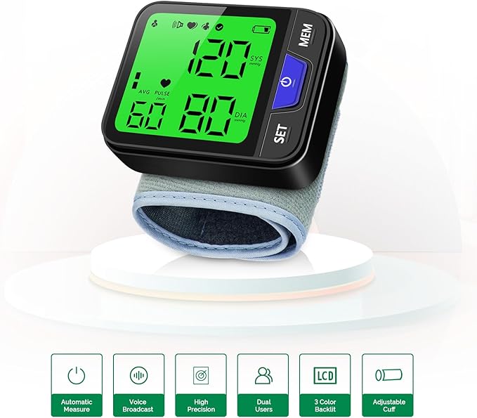 Wrist Blood Pressure Monitor for Home Use Automatic Wrist Bp Monitor with Voice, Digital 3 Color Backlit LCD Display 240 Readings for Dual Users Portable Adjustable Cuff Bp Machine