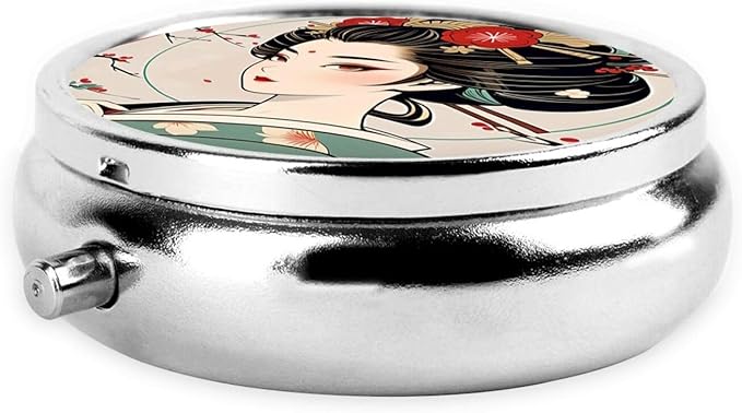ZhongGuo Retro Japanese Geisha Printed Pill Organizer,Round Travel Pill Organizer Mini Medicine Pill Box for Purse Iron Plating