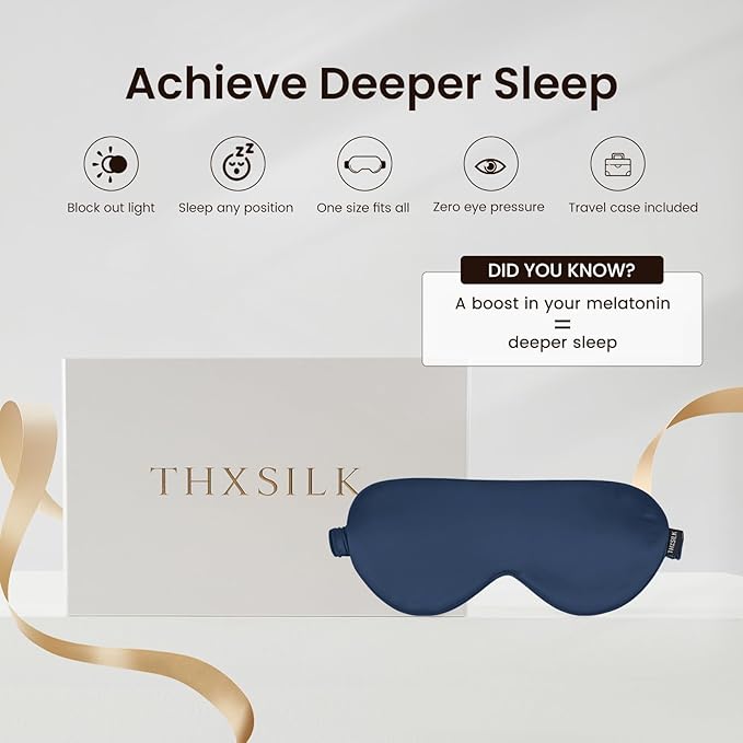 THXSILK Sleep Mask 100% 25 Momme Pure Mulberry Silk Super Smooth Cooling Sleep Eye Mask Blackout for Women/Man/Kids, Eye Cover with Wide Head Strap for Good Night Sleep, Navy Blue