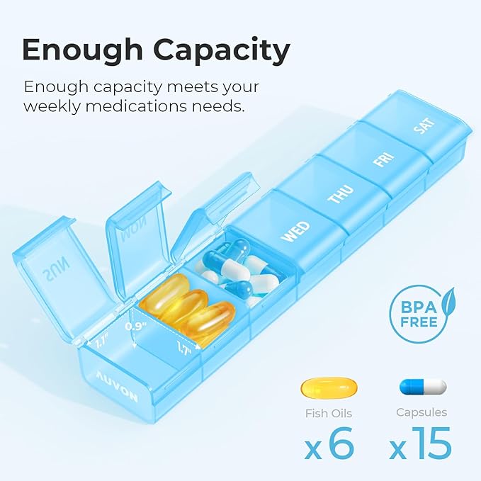 AUVON Weekly Pill Organizer with Effortless Opening Design, Arthritis Friendly Pill Box, BPA-Free Pill Organizer 7 Day, Cute & Portable Pill Case for Vitamins, Supplements and Medications