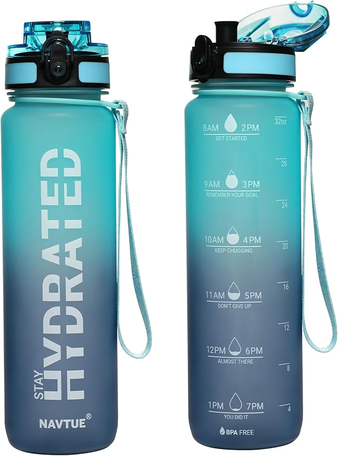 Water Bottle, 32 oz Sports Water Bottles with Time Marker Wide Mouth, Motivational and Leakproof Drink Bottle, BPA Free Tritan with Carry Strap for Gym Fitness Outdoor(1 Bottle)