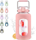 84oz Glass Water Bottle with Stainless Steel Handle,2.5L Gallon Water Bottle with 2-IN-1 Straw Lid, Silicone Sleeve and Motivational Capacity Marker, Wide Mouth Water Jug For Gym, Workout, Pink