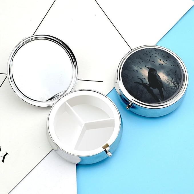 Night Crow Pill Box Travel Pill Case for Purse Pocket Weekly Medicine Organizer with Mirror 3 Compartment Round Medicine Case Portable PillcaseHolder for Daily