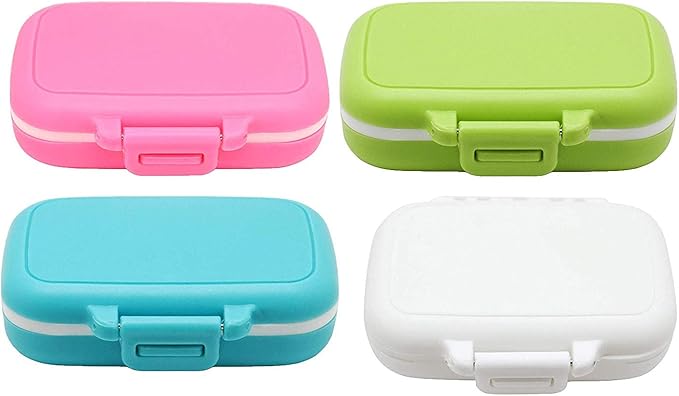 Small Pill Box Supplement Case for Pocket or Purse - 3 Removable Compartments Travel Medication Carry Case - Daily Vitamin Organizer Box (Pink+White+Blue+Green)