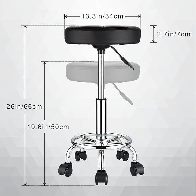Round Rolling Stool with Wheels Height Adjustable Swivel Stool Chair for Spa Salon Massage Black