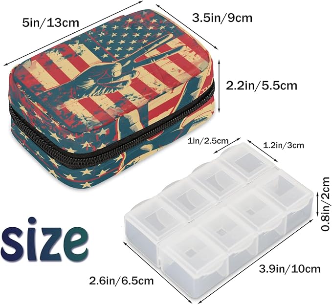 American Flag Peace Sign Travel Pill Organizer Box Weekly Portable Pill Case Daily Pills 7 Day Small Birth Control Pills Container Removable Compartments for Medicine Vitamins Fish Oil