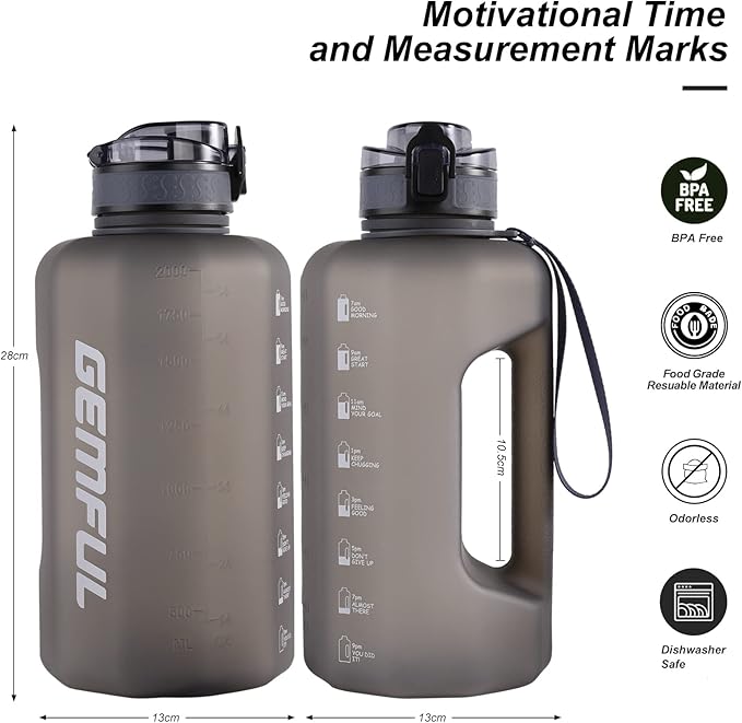 GEMFUL 74oz Water Bottle with Handle Half Gallon BPA-Free Sports Jug for Gym Hiking Travel 2.2L Large Capacity Leak Proof Easy Carry (Grey no Straw)