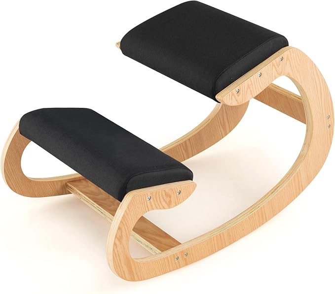 Ergonomic Kneeling Chair, Wooden Posture Chair W/Extra Padding for Back Neck Pain Relief & Improving Posture, Rocking Meditation Stool W/Knee Support for Home Office (Black)