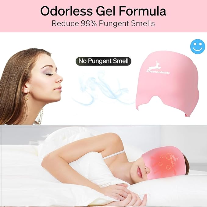 Migraine Relief Cap, One Size Fits All Hot/Cold Gel Head Wrap, Migraine Cooling Eye Mask, Strong Elastic Comfort Fit, Reusable Durable for Stress & Headache Relief, FSA|HSA Eligible, Gift Box (Pink)