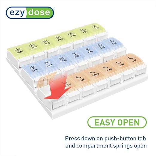 EZY DOSE Weekly (7-Day) Pill Case, Daily Medicine Planner, Vitamin Organizer Container, Large Push Button Compartments, Easy to Use, 3 Times a Day, Spring Open Design, Pastel Rainbow Lids, BPA Free