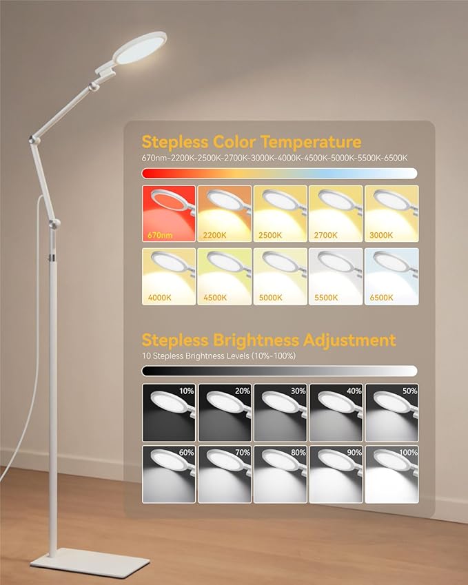 2-in-1 Light Therapy Lamp, 670nm Red Light Therapy Lamp for Sleep & 12000 Lux Happy Light Sun Lamp, Sad Lamp Floor Lamp with Remote Timer, Eye-Safe UV-Free, 9 Colors 10 Brightness for Bedroom Office